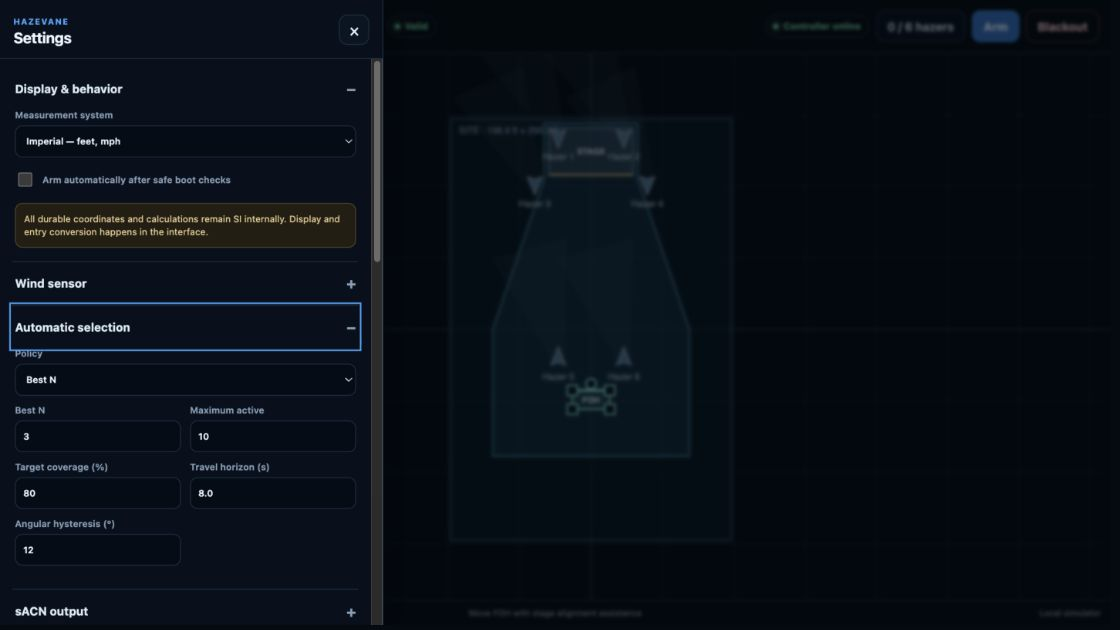 HazeVane settings drawer showing imperial units, automatic selection, and wired network settings